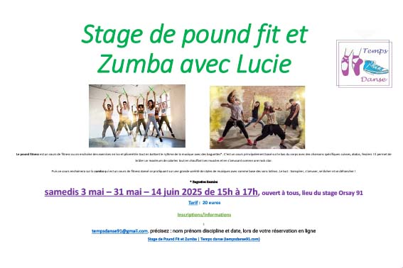 TEMPS DANSE Stage de pound fit et zumba mai et juin 2025 TEMPS DANSE ORSAY SITE