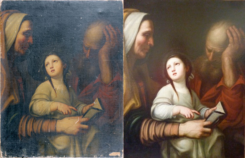 Le tableau "L'éducation de la vierge" avant et après restauration par Anne Sillinger de l'atelier Liencourt